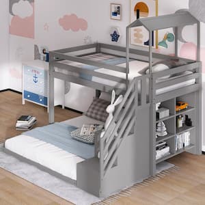 Gray Twin over Full Bunk Bed with Staircase and Shelves, Wood Kids Bunk Bed Frame with 2 Drawers and House Roof