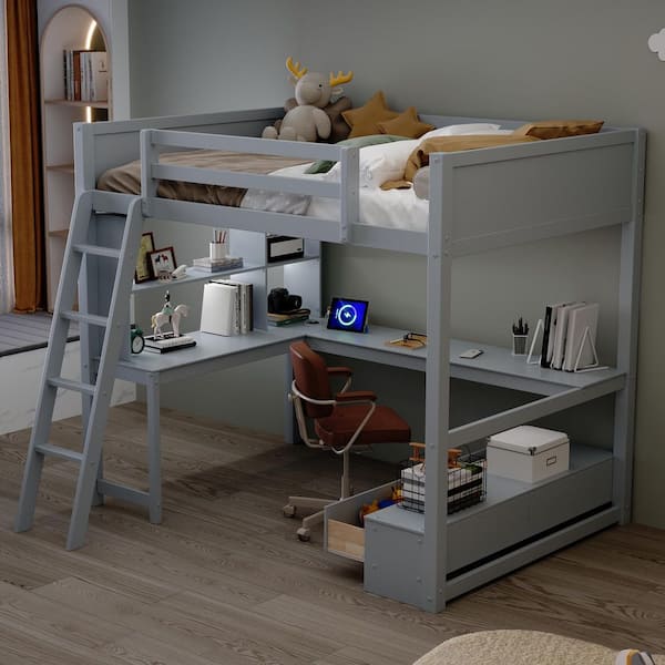 Gray Full Wooden Loft Bed with Built-in Desk, Shelves, Storage Bench with 2-Drawers, LED light, USB Charging Station