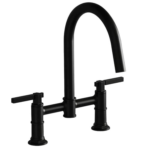 FLG Double Handle Bridge Kitchen Faucet 2-Holes Modern Brass Kitchen Sink Taps with Swivel Spout in Matte Black