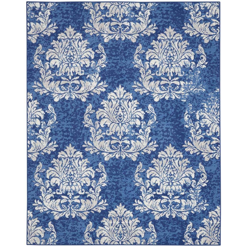 Ivory and Navy Floral Damask 8' x 10' Synthetic Area Rug