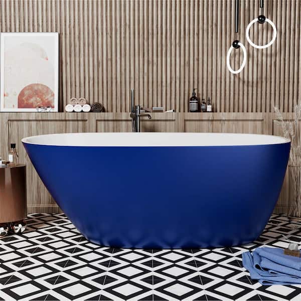 INSTER VELA 59 in. Modern Style Acrylic Single Slipper Freestanding Flatbottom Non-Whirlpool Soaking Bathtub in Blue