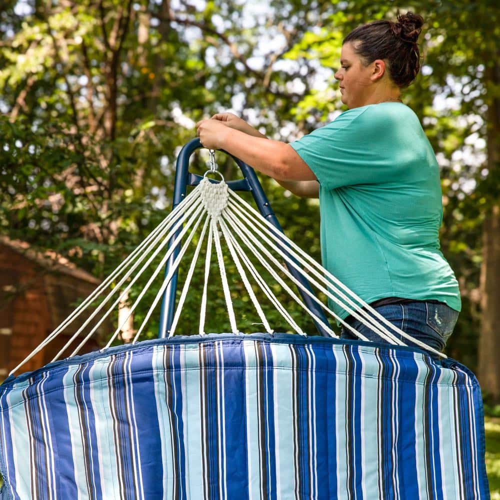 Blue and White Quilted Double Hammock with Metal Spreader Bars