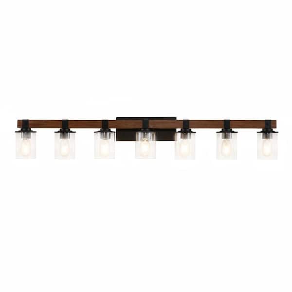 7-Light Brown Vanity Light with Cylindrical Clear Glass Shades and Solid Wood Frame, E26 Bulbs Not Included