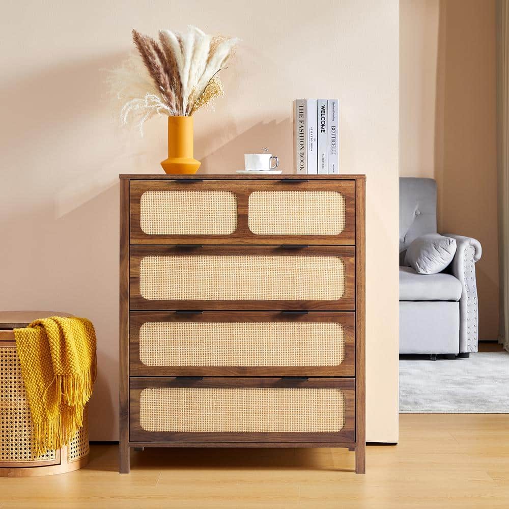ATHMILE Walnut Wooden Rattan 4-Drawer Storage Cabinet Dresser
