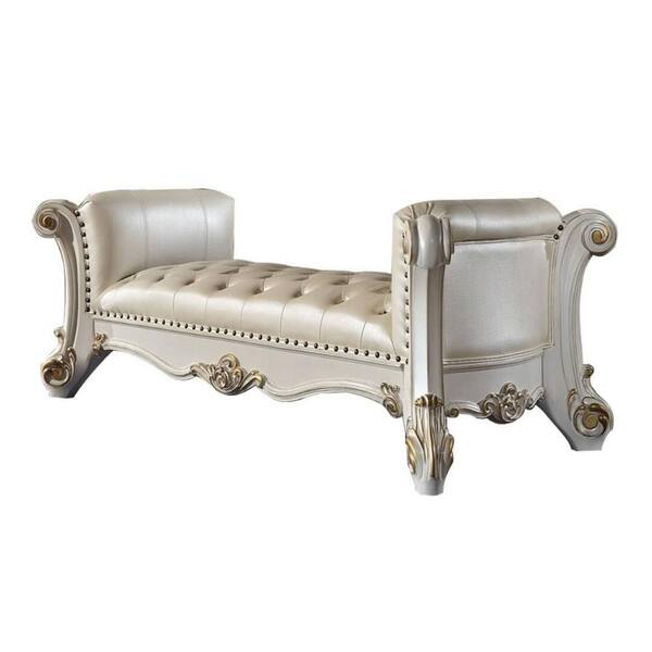 Benjara 74 in. White and Gold Backless Bedroom Bench with Scrolled Legs