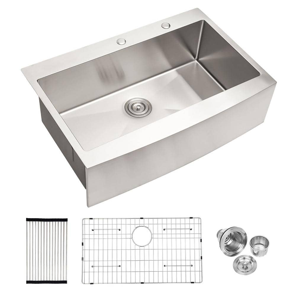 33 in Farmhouse/Apron-Front Single Bowl 16 Gauge Brushed Nickel Stainless Steel Kitchen Sink with Bottom Grid -  EPOWP, LX-KS-1