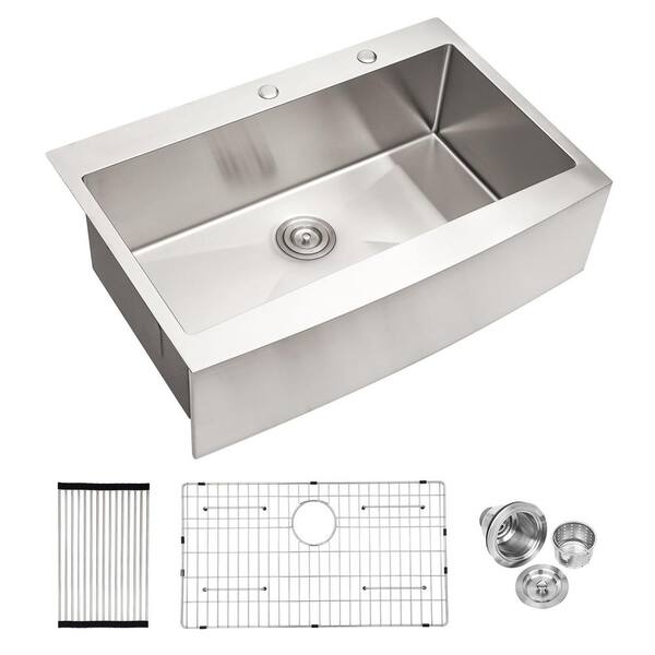 EPOWP 33 in Farmhouse/Apron-Front Single Bowl 16 Gauge Brushed Nickel Stainless Steel Kitchen Sink with Bottom Grid