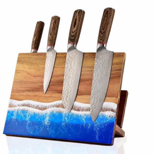 Acacia Wood Magnetic Knife Block with Ocean Resin Art and Cutting Board Holder, Countertop Organizer