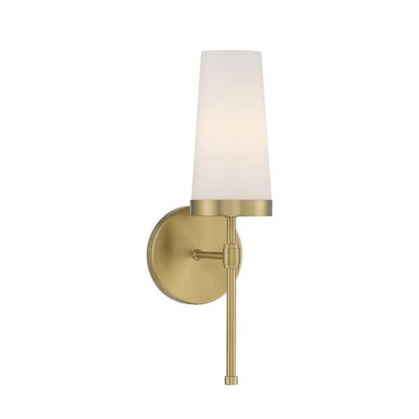 Savoy House Haynes 5 in. W x 16 in. H 1-Light Warm Brass Wall Sconce with White Opal Glass Shade