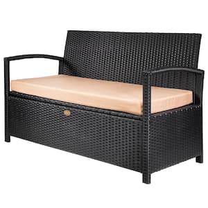 45 Gal. Black Rattan Crawford Resin Wicker Outdoor Garden Patio Deck Box Outdoor Storage Bench with Beige Cushions