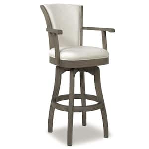 Williams 31 in. White Modern Rustic High Back Swivel Bar Stool with Armrests and Wood Frame