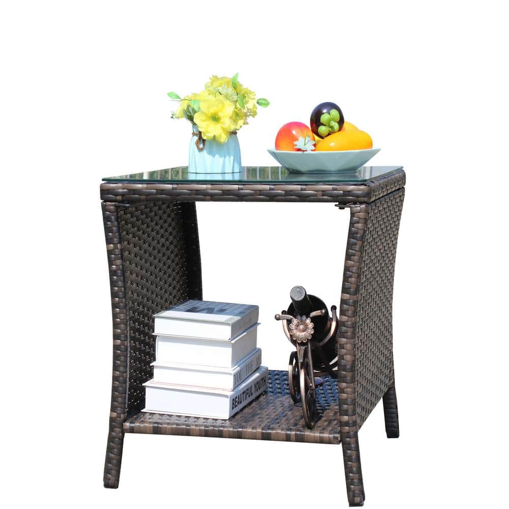 Brown PE Rattan Wicker Outdoor Coffee Table with Clear Tempered Glass, Pati