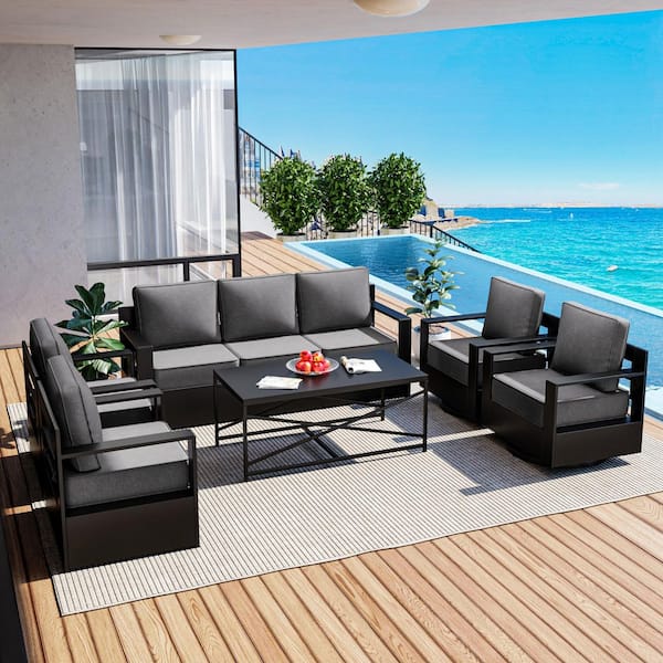 6-Piece Aluminum Armrest Patio Conversation Sofa Seating Swivel Rocking Chairs Set with 6 in. Gray Cushions