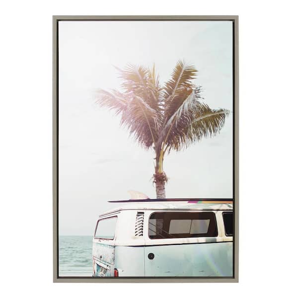 Sylvie Blue Beach Van 1-Piece Gray Framed Canvas Art Print, 33.00 in. x 23.00 in.