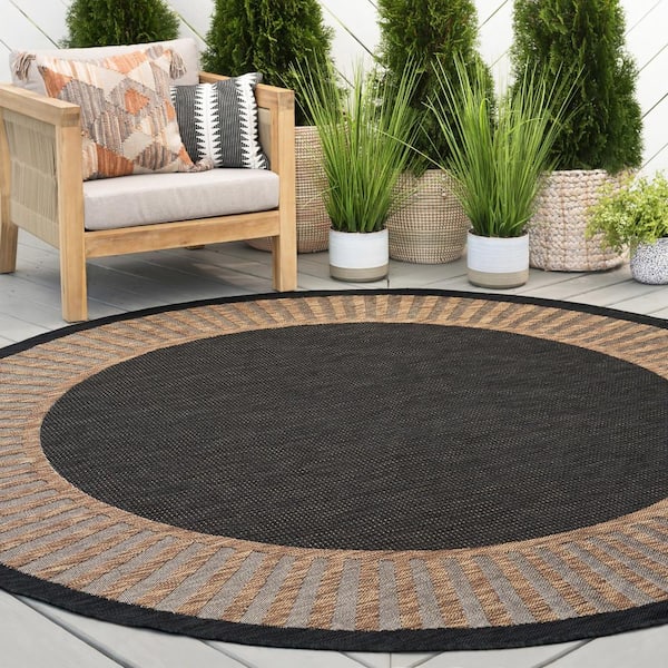Eco Striped Border Gold 6 ft. Round Indoor/Outdoor Area Rug