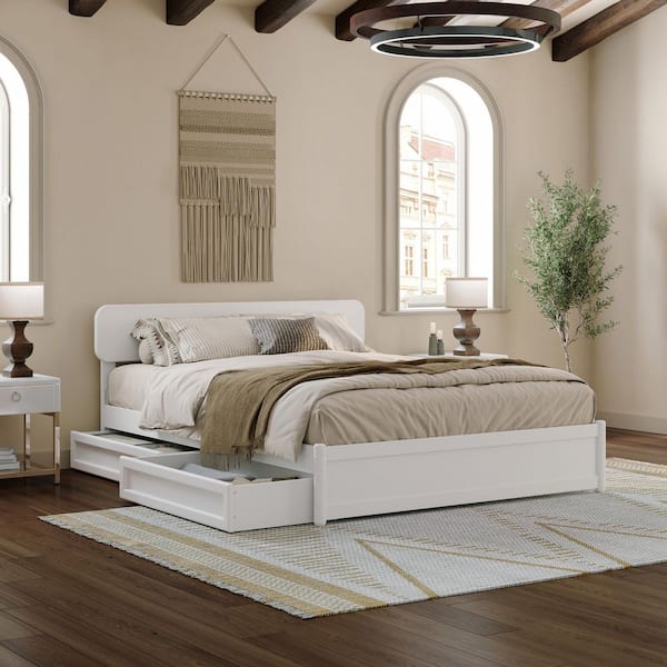 AFI Capri White Solid Wood Frame Queen Platform Bed with Panel Footboard and Storage Drawers