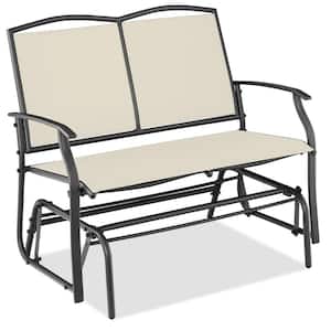 Ivory/Gray 2-Person Metal Outdoor Glider, Patio Loveseat, Fabric Bench Rocker for Porch with Armrests
