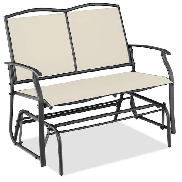 Best Choice Products Ivory/Gray 2-Person Metal Outdoor Glider, Patio Loveseat, Fabric Bench Rocker for Porch with Armrests