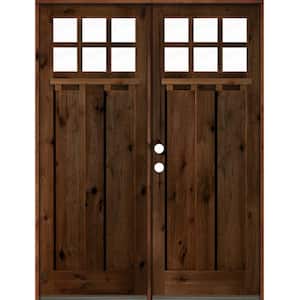 72 in. x 96 in. Craftsman Knotty Alder Wood Clear 6-Lite PR Stained/Dentil Shelf Right Active Double Prehung Front Door