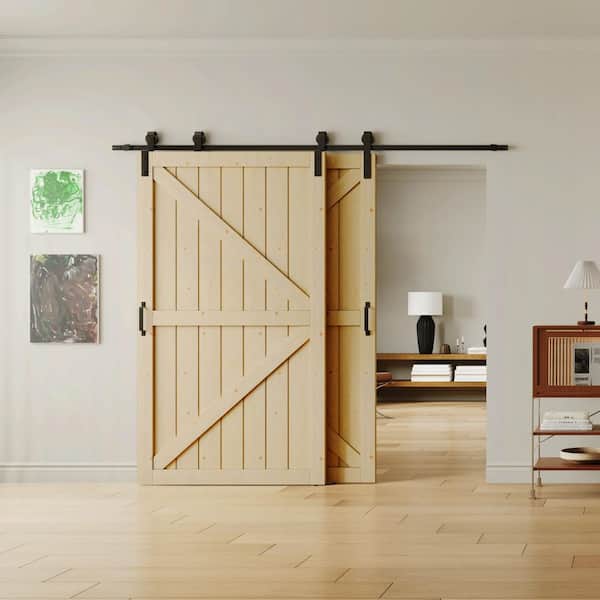96 in. x 84 in. Light Brown Painted Water Proof and MDF Double K-Shaped Sliding Barn Door with Hardware Kit