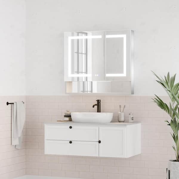 ExBrite Vilara 36-in x 32-in Lighted LED Fog Free Surface/Recessed Mount Silver Mirrored Soft Close Medicine Cabinet with Outlet