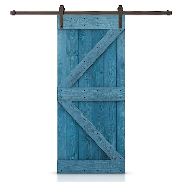 CALHOME K Series 22 in. x 84 in. Ocean Blue Stained DIY Knotty Pine Wood Interior Sliding Barn Door with Hardware Kit
