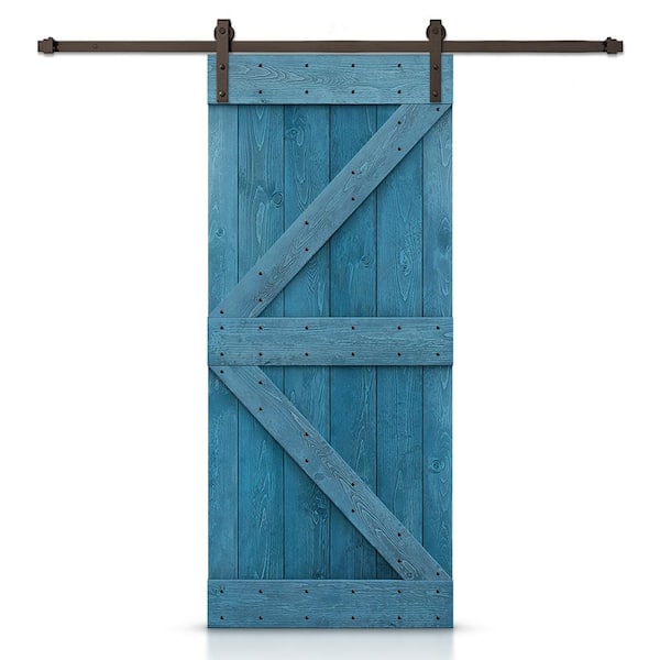 CALHOME K Series 38 in. x 84 in. Pre-Assembled Ocean Blue Stained Wood Interior Sliding Barn Door with Hardware Kit