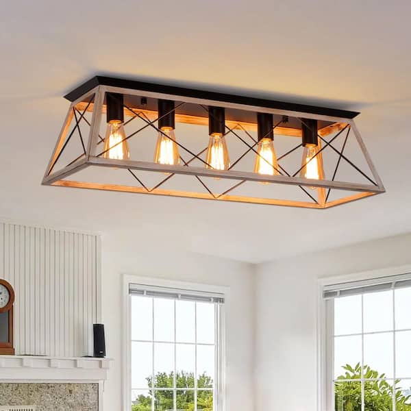 Tresson 31.5 in. 5-Light Modern Farmhouse Oka White Metal Flush Mount Ceiling Light for Living Room Kitchen Island