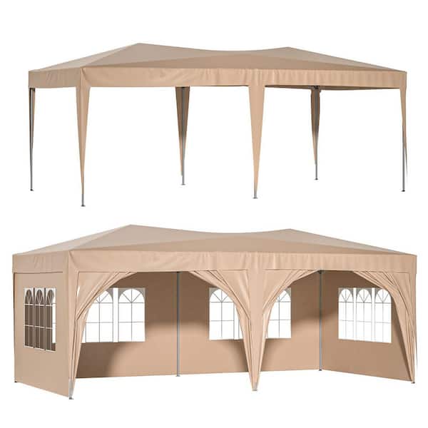 Miscool Anky 10 ft. x 20 ft. Beige Pop Up Iron Canopy Outdoor Portable Party Folding Tent with 6 Removable Sidewalls
