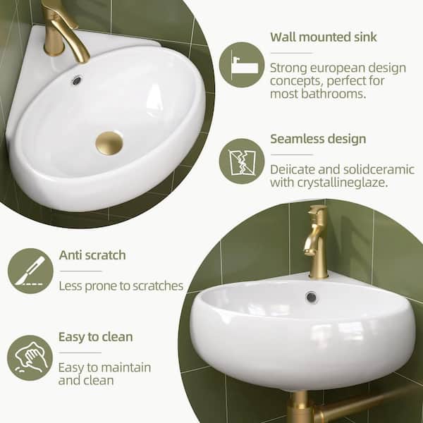 15 in. x 14.2 in. White Ceramic Corner Wall-Mounted RV Bathroom Sink with Overflow Mini Vessel Sink