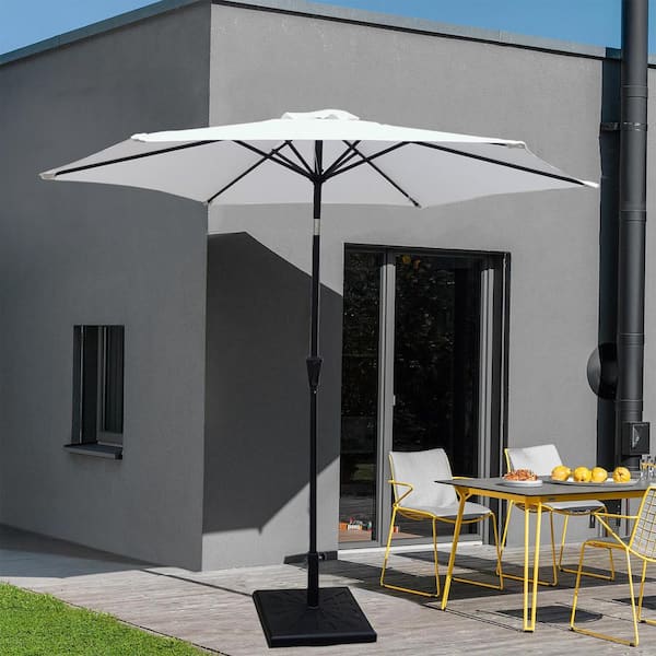 8.8 ft. Aluminum Market Push Button Tilt Outdoor Patio Umbrella in Cream  with Square Resin Umbrella Base