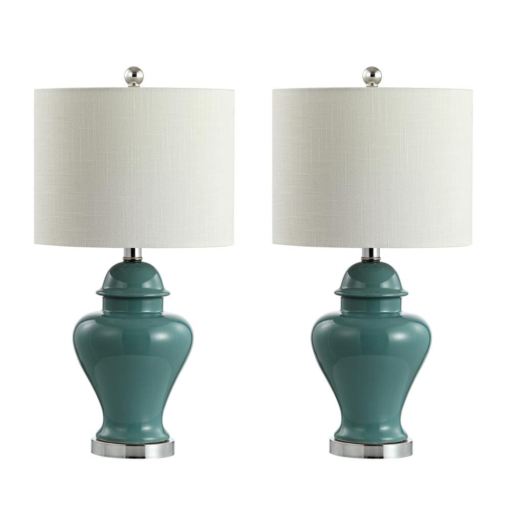 Jade Green Ceramic and Iron 22" Table Lamp Set with Linen Shade