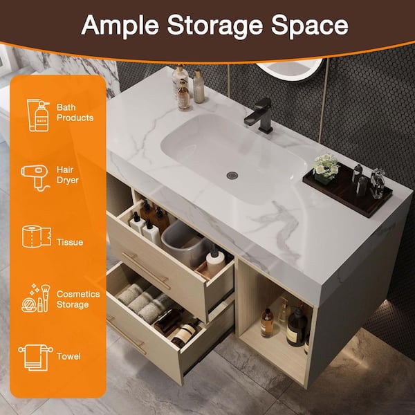 39.4 in. Wall Mounted Single Sink Light Oak Bath Vanity with White Sintered Stone Top Requires Assembly