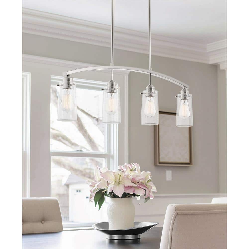 Brushed Nickel Linear Island Chandelier with Seeded Glass Shades