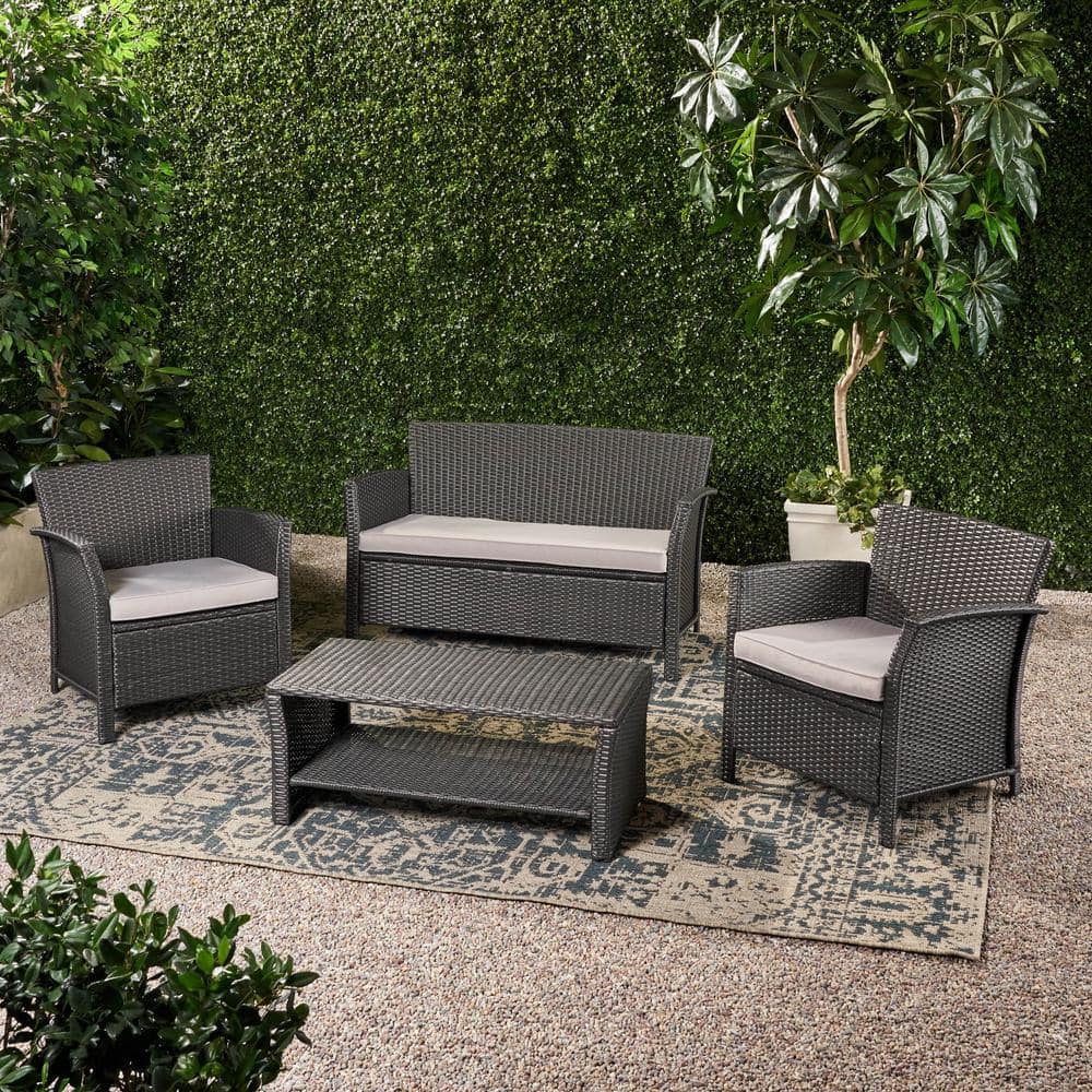 4-Piece Outdoor Wicker Sofa Set-Loveseat, 2 Armchairs with Gray Cushions, a