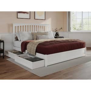 Everett White Solid Wood Frame King Platform Bed with Panel Footboard and Storage Drawers