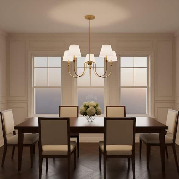 Elsay 29.75 in. W x 15.5 in. H 5-Light Satin Brass Transitional Chandelier with White Linen Fabric Shades