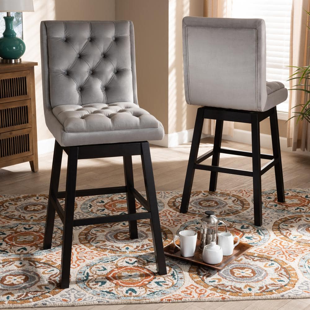 Gregory Light Grey Velvet and Dark Brown Wood Swivel Bar Stool Set