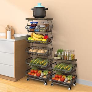 6 Tier Fruit Basket Rack, Solid Wood Top Stackable Wire Basket Trolley, Kitchen Vegetable Storage and Organization