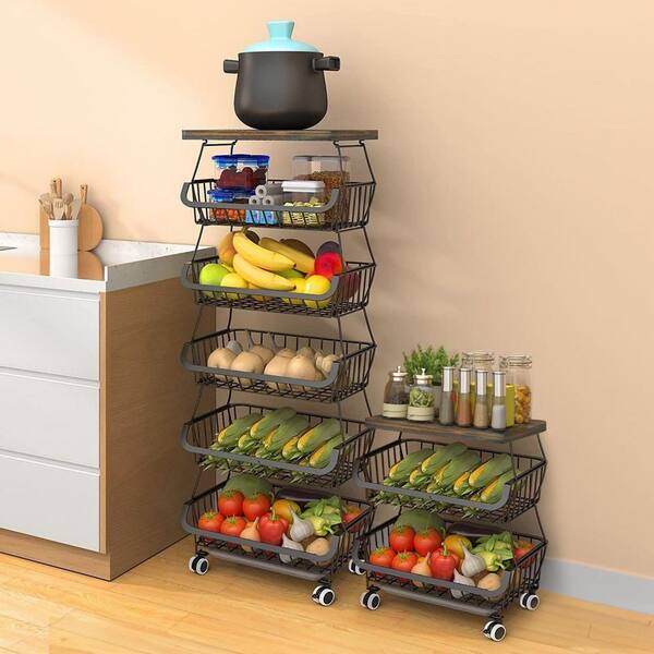 Siavonce 6 Tier Fruit Basket Rack, Solid Wood Top Stackable Wire Basket Trolley, Kitchen Vegetable Storage and Organization