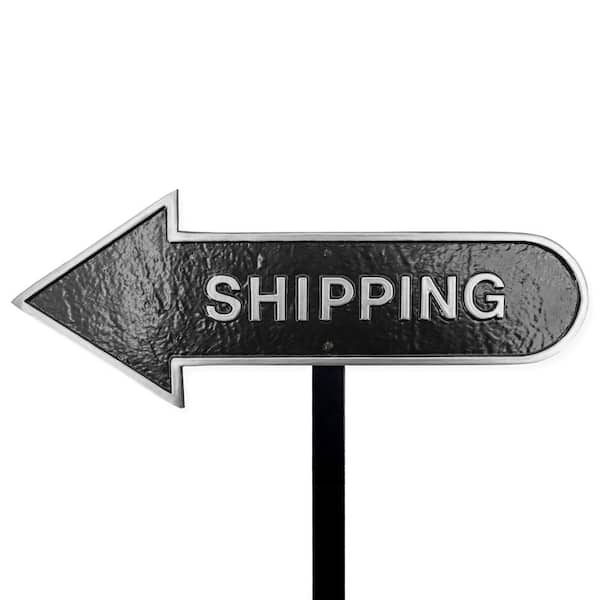 Montague Metal Products 6 in. x 15.5 in. Left Arrow Shipping Statement Plaque Sign with Lawn Stake-Black/Silver