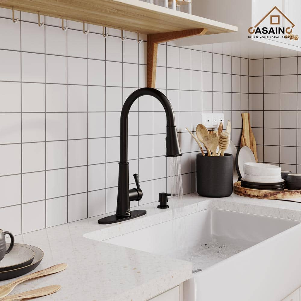Matte Black Stainless Steel Pull-Down Kitchen Faucet with LED Light