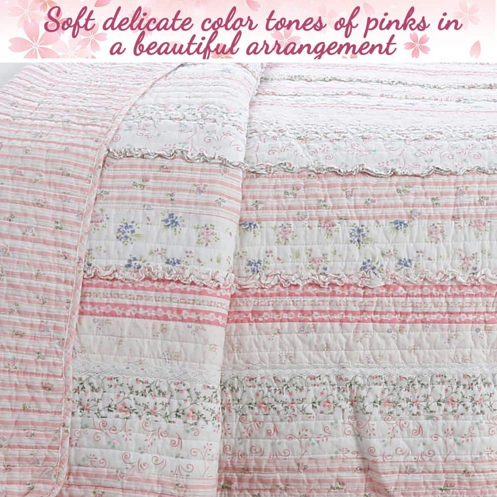 King Size Pink and White Cotton Reversible Quilt Set