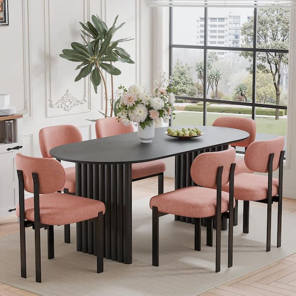7-Pieces Oval Black Wooden Top Dining Table Set 6-Seats with Metal Frame, Orange Fabric Cushion Wing Back Chair