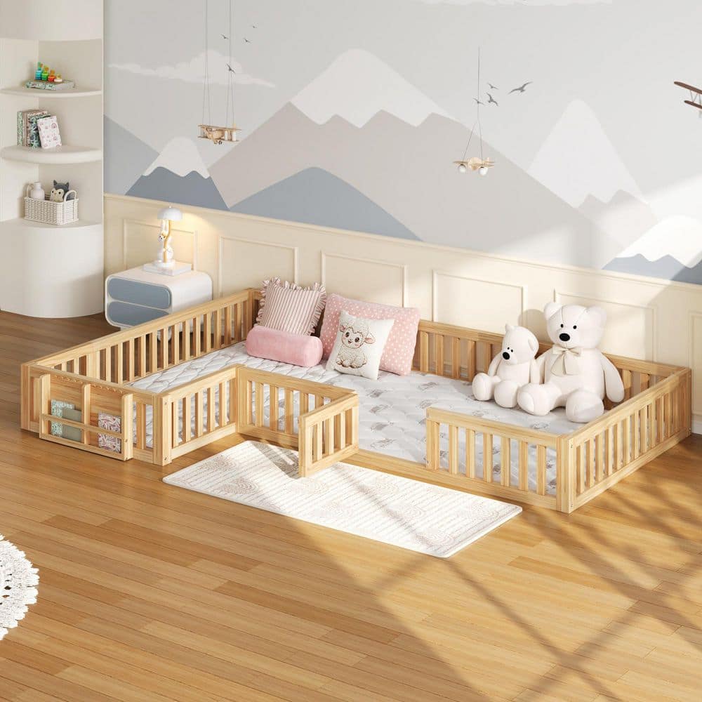 Natural Brown Wood Frame Twin and Full Size Platform Bed with Safety Gate, Bookcase