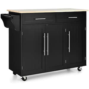 Black Wood 48 in. Kitchen Island Cart with Knife Block and Lockable Castors