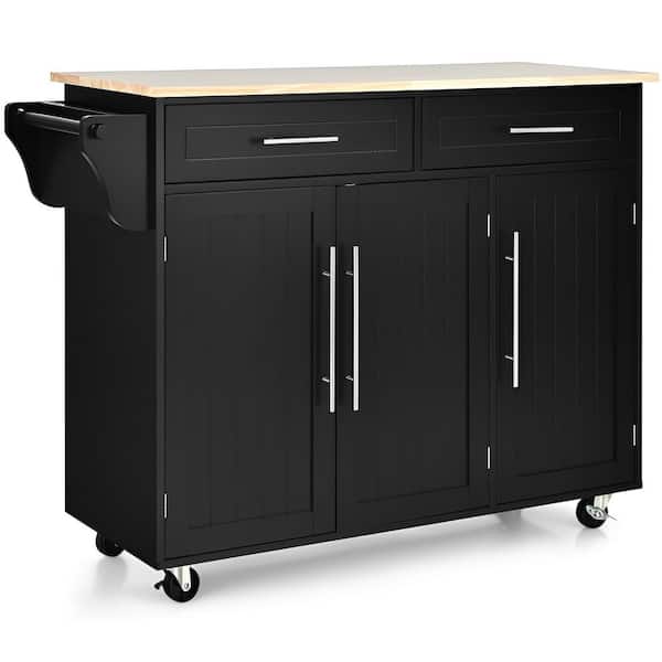 Bunpeony Black Wood 48 in. Kitchen Island Cart with Knife Block and ...