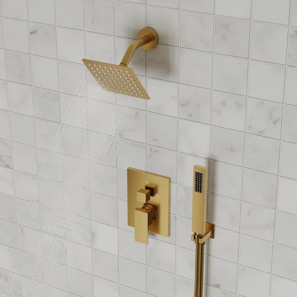 2-Handle 2-Spray Shower Faucet 2.5 GPM with Pressure Balance Valve, 6 in. Shower Head in Brushed Gold