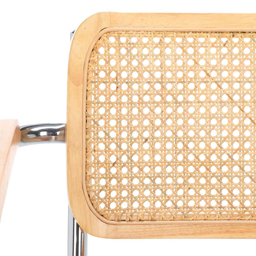 Cognac Faux Leather and Natural Rattan Arm Chair with Chrome Legs