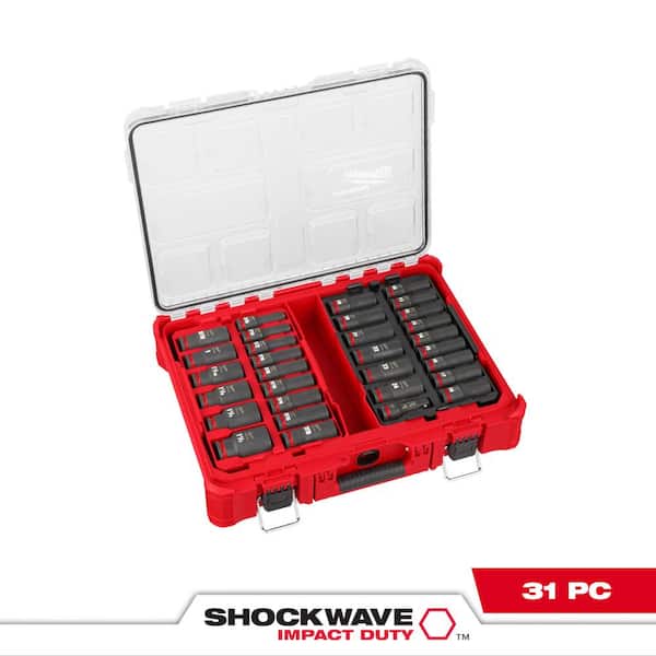 Milwaukee SHOCKWAVE Impact-Duty 1/2 in. Drive Metric and SAE Deep Well Impact PACKOUT Socket Set (31-Piece)